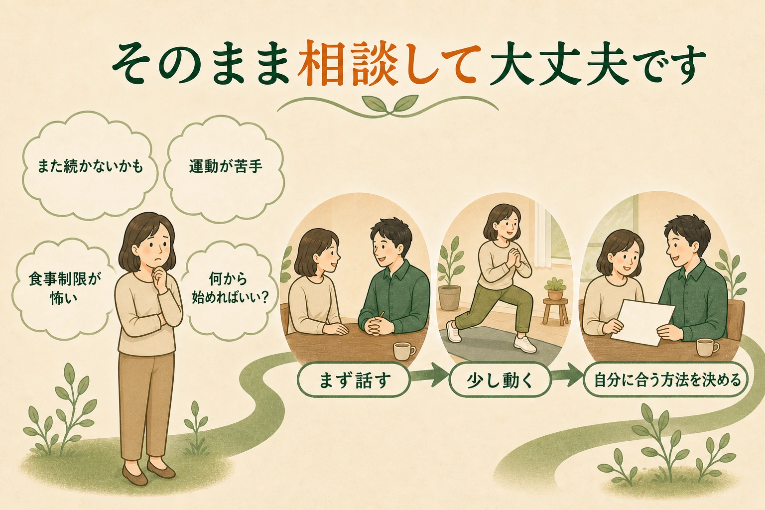続けられるか不安な気持ちを話し、少し動き、自分に合う方法を決める初回相談の流れ