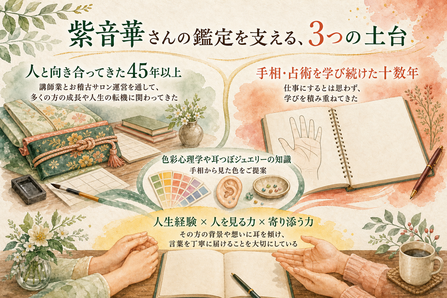 紫音華さんの鑑定を支える3つの土台を示す図解