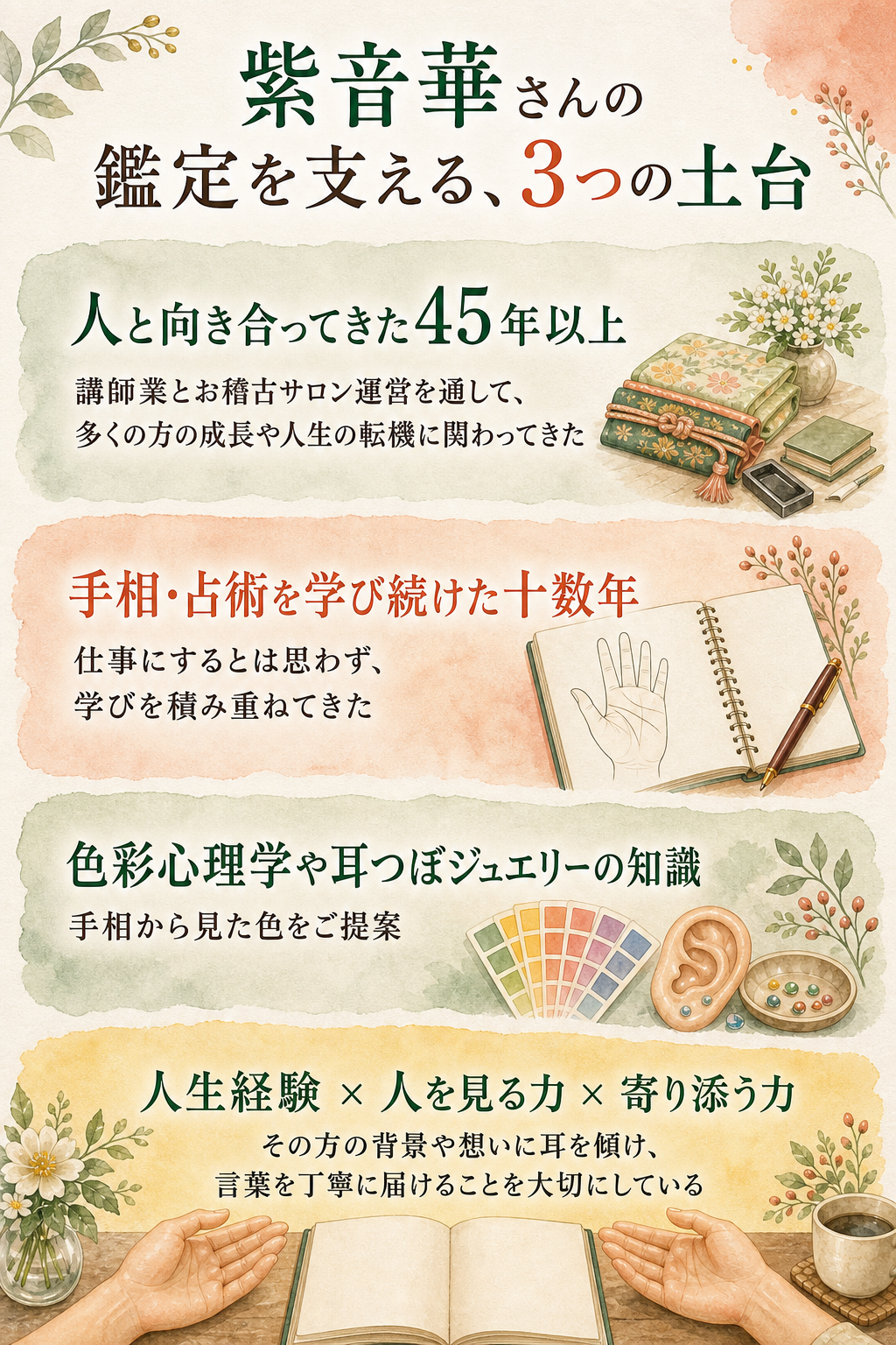 紫音華さんの鑑定を支える3つの土台を示す図解