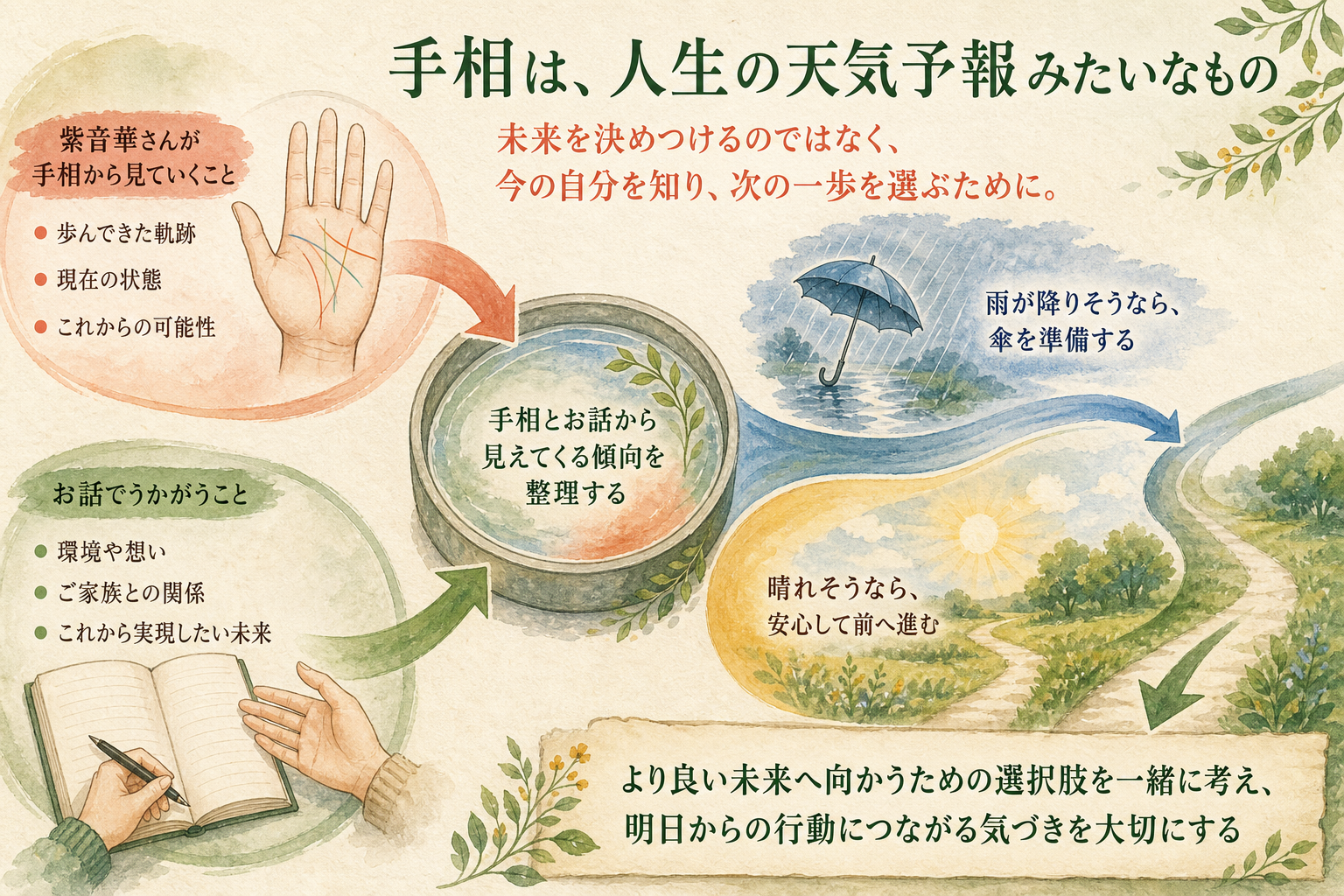 手相を人生の天気予報にたとえた鑑定の流れを示す図解