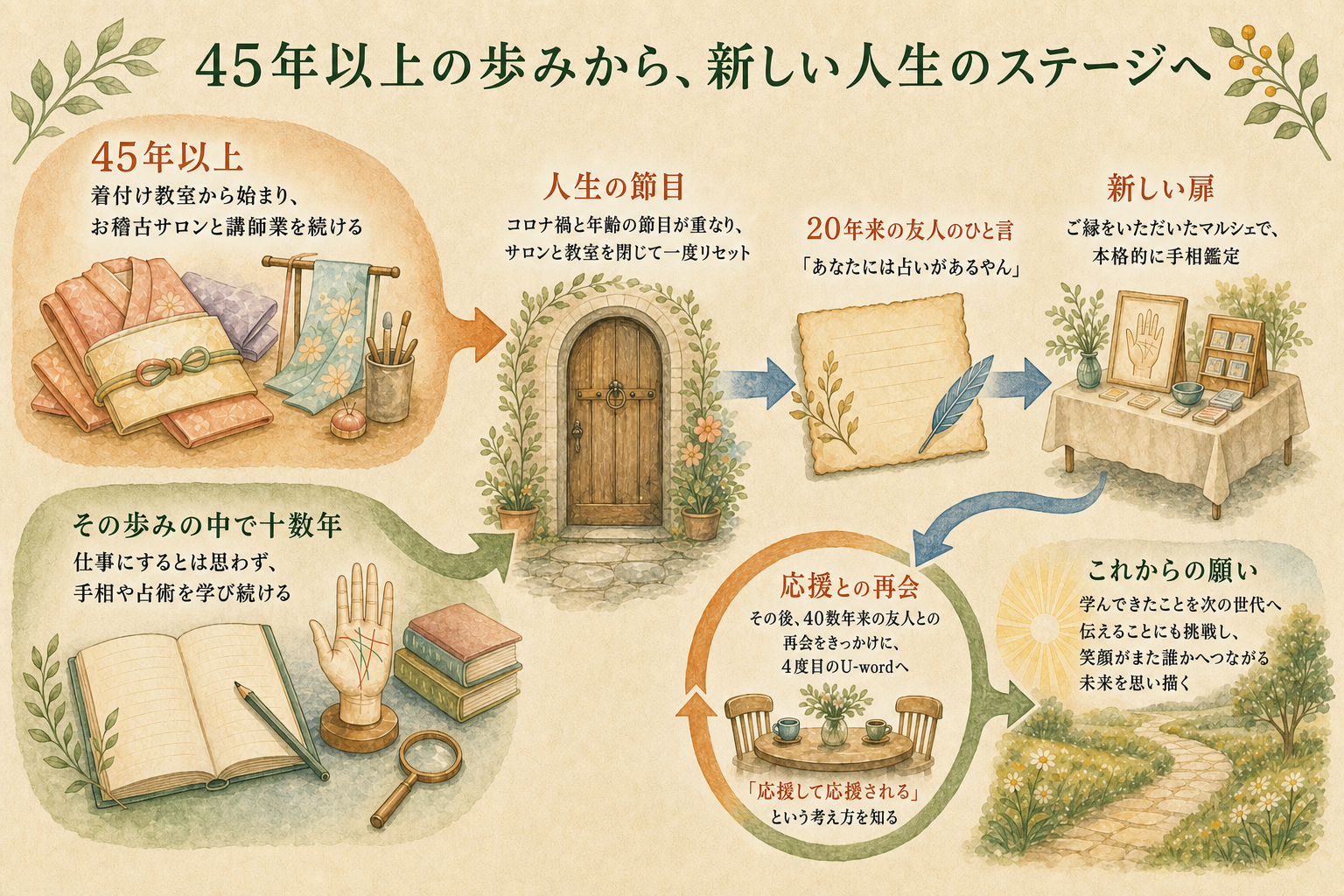 紫音華さんの45年以上の歩みと新しい人生のステージを示す図解