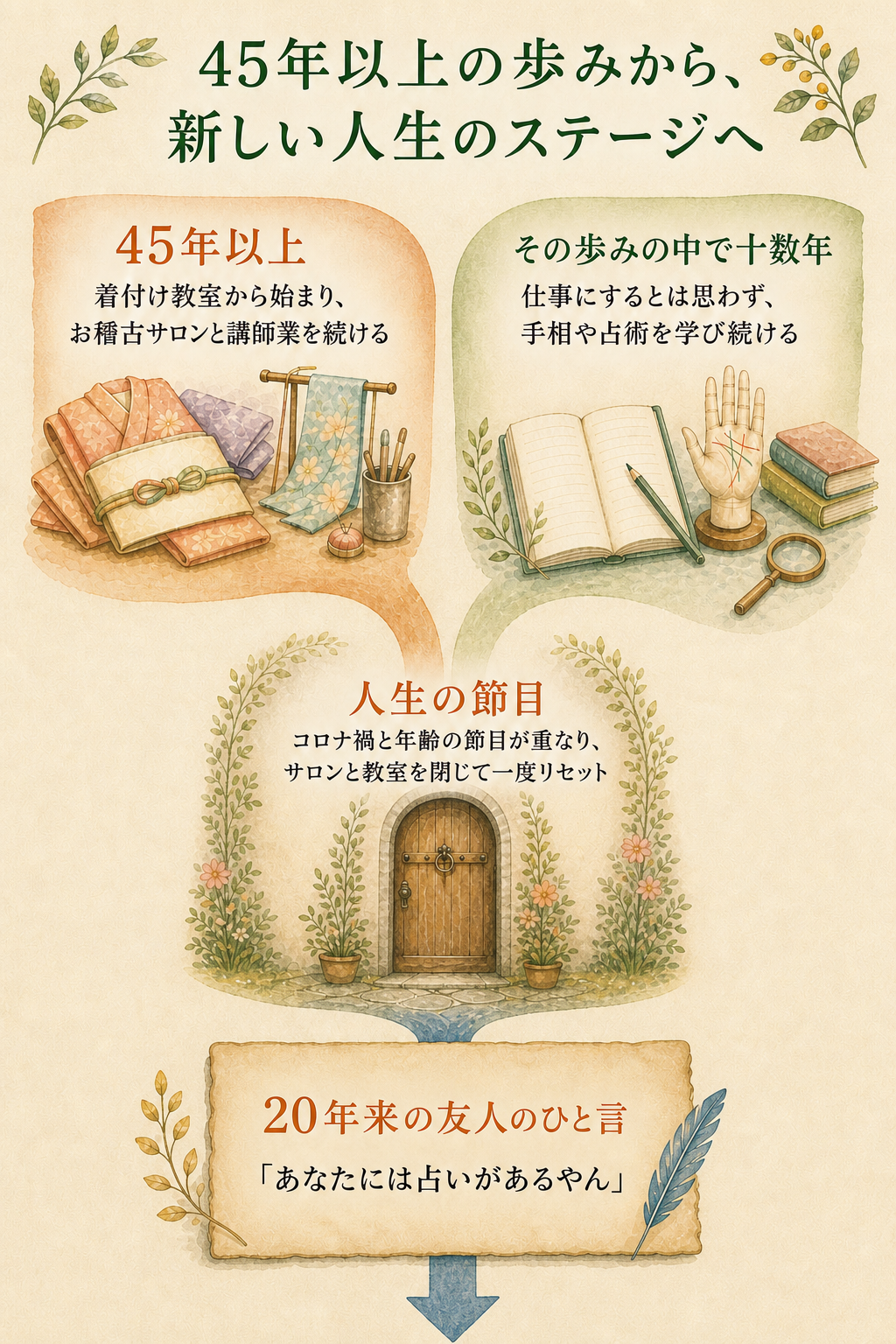 紫音華さんの45年以上の歩みと新しい人生のステージを示す図解(1/2)