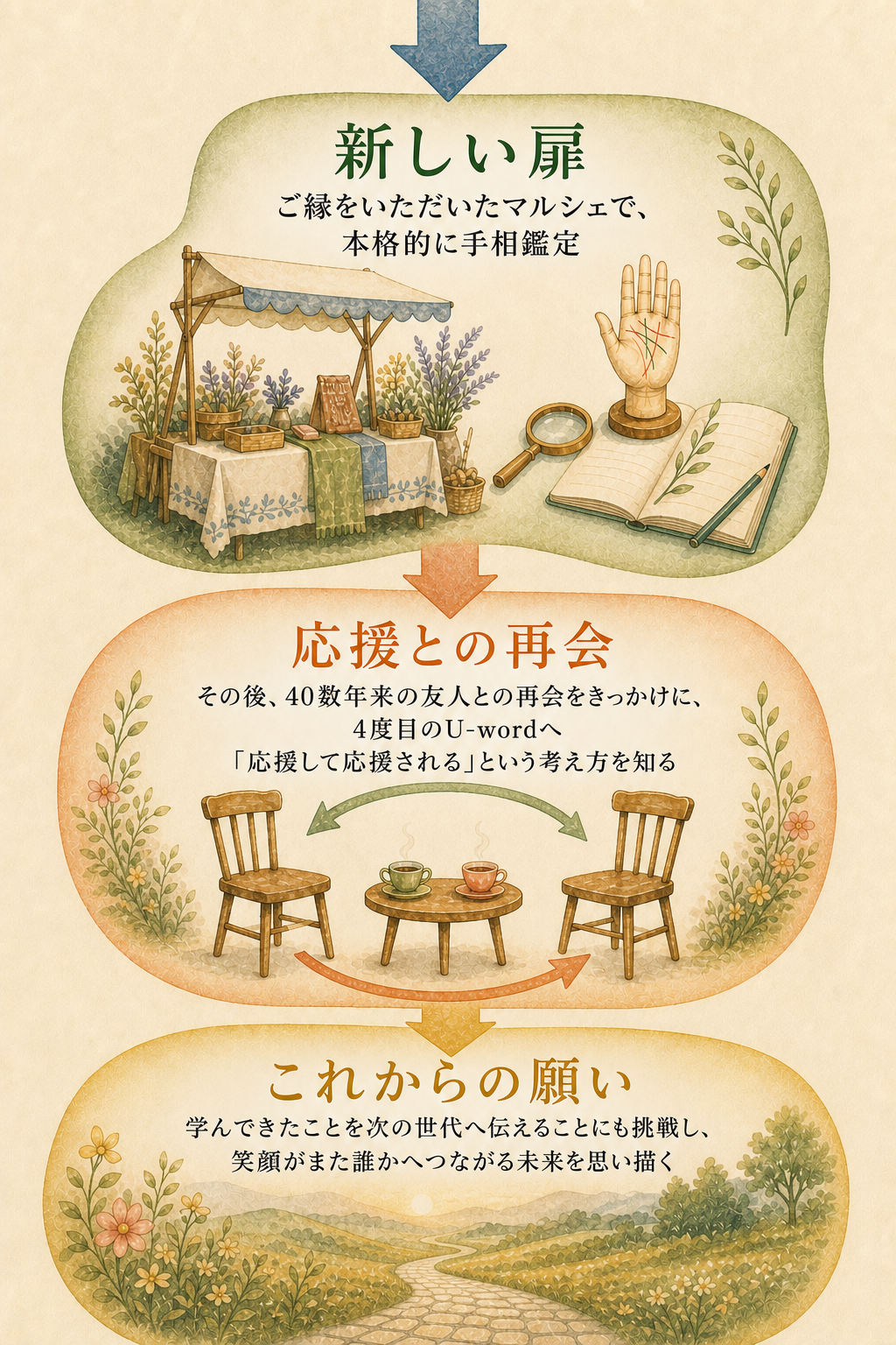 紫音華さんの45年以上の歩みと新しい人生のステージを示す図解(2/2)