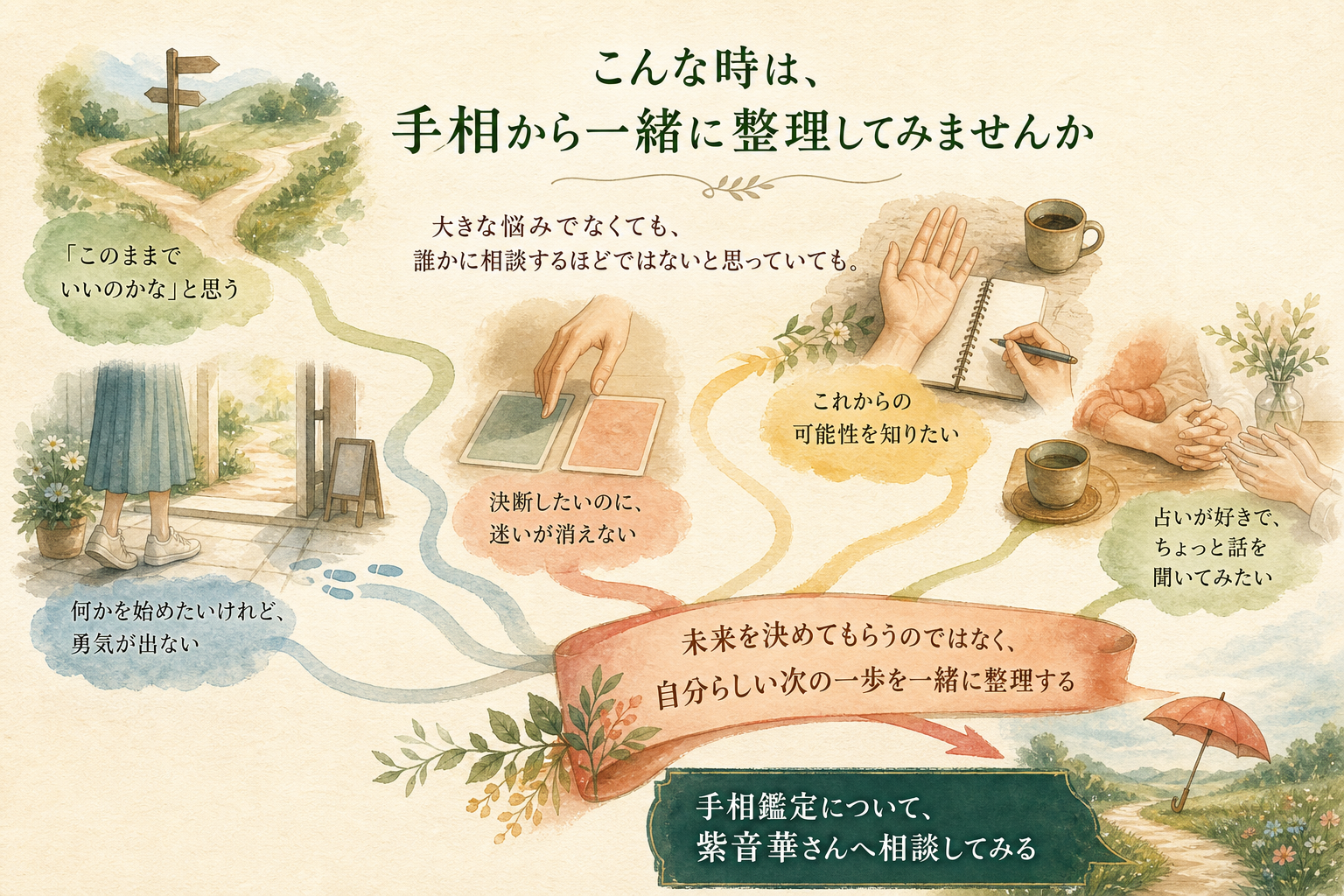 手相から一緒に整理できる5つの迷いを示す図解