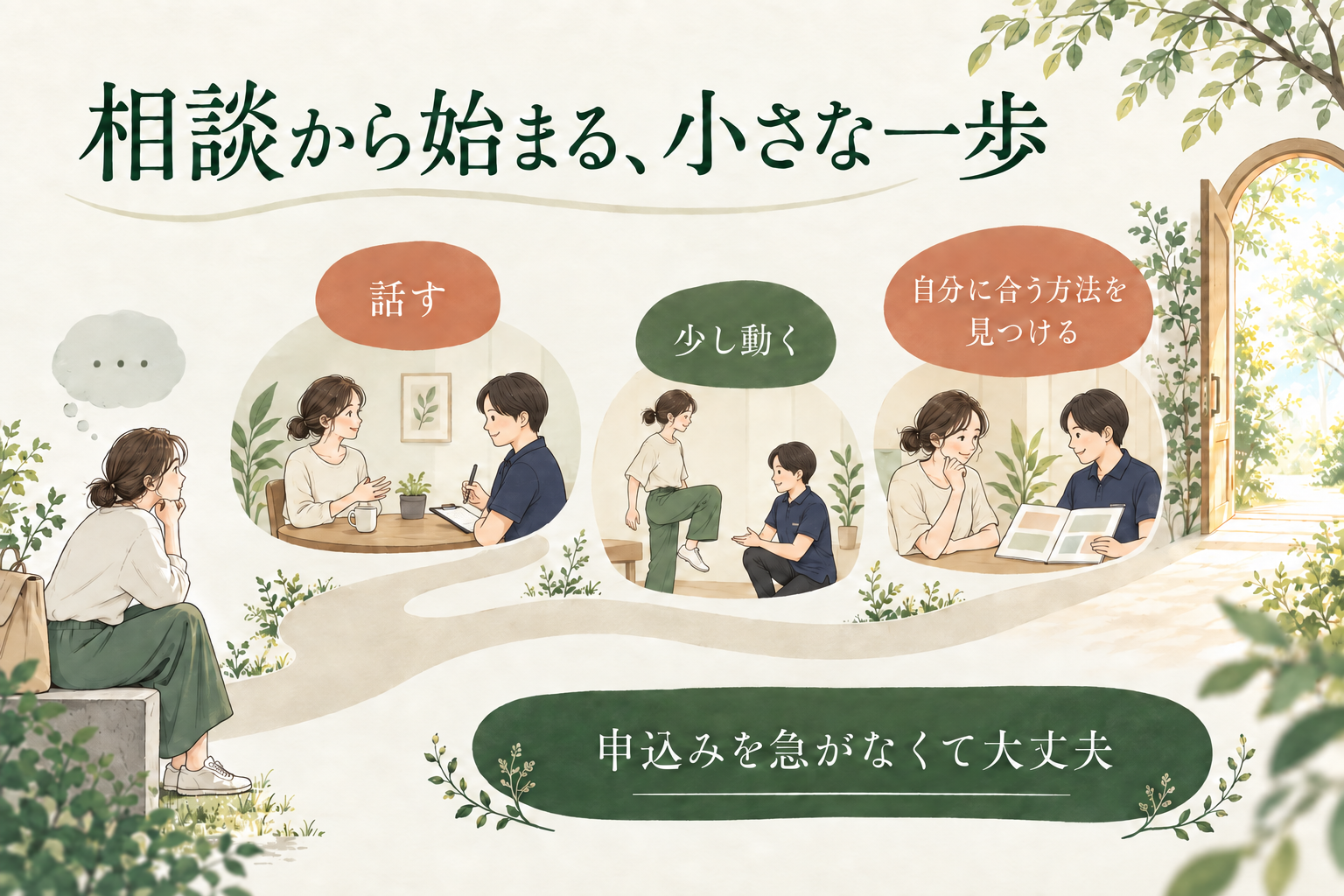 話し、少し動き、自分に合う方法を見つける相談の流れ