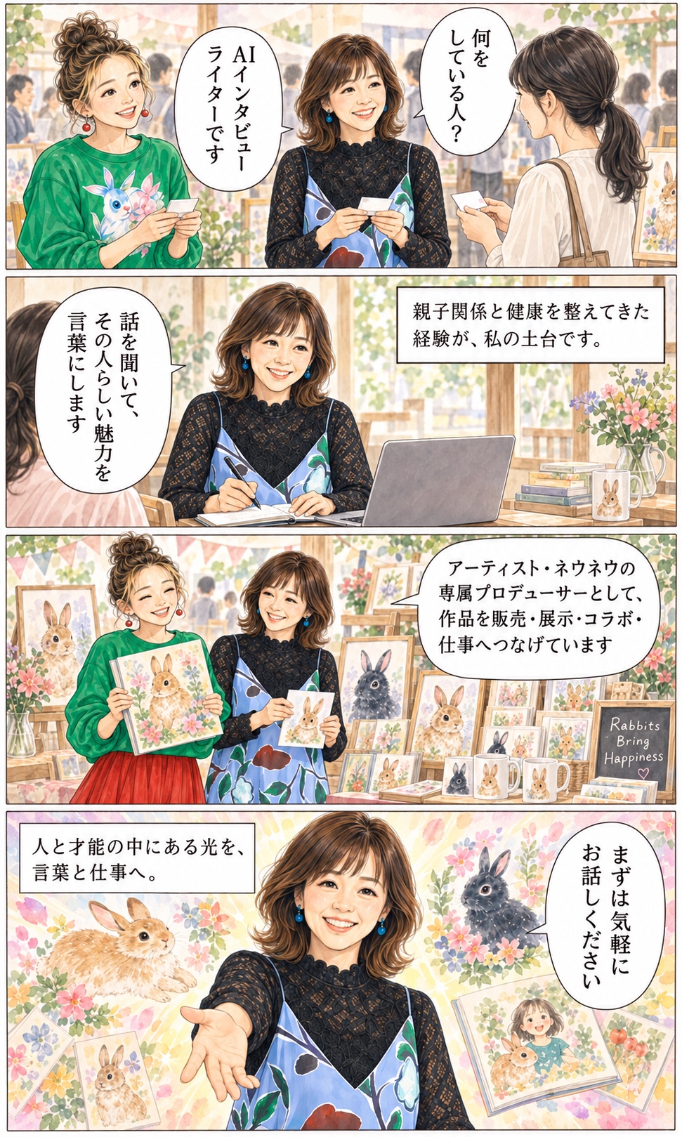 AIインタビューライター、ネウネウ専属プロデューサーとして活動する井原ちよの仕事を紹介する4コマ漫画