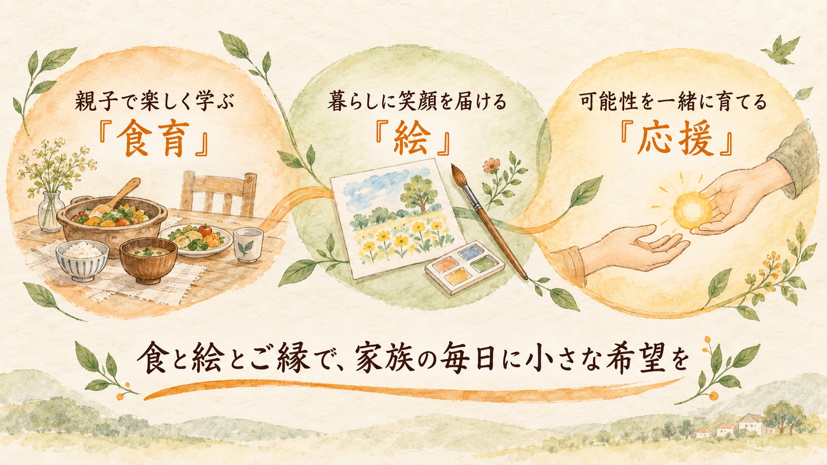 井原ちよさんの活動を、親子で学ぶ食育、暮らしに笑顔を届ける絵、可能性を育てる応援の3つで表した図解