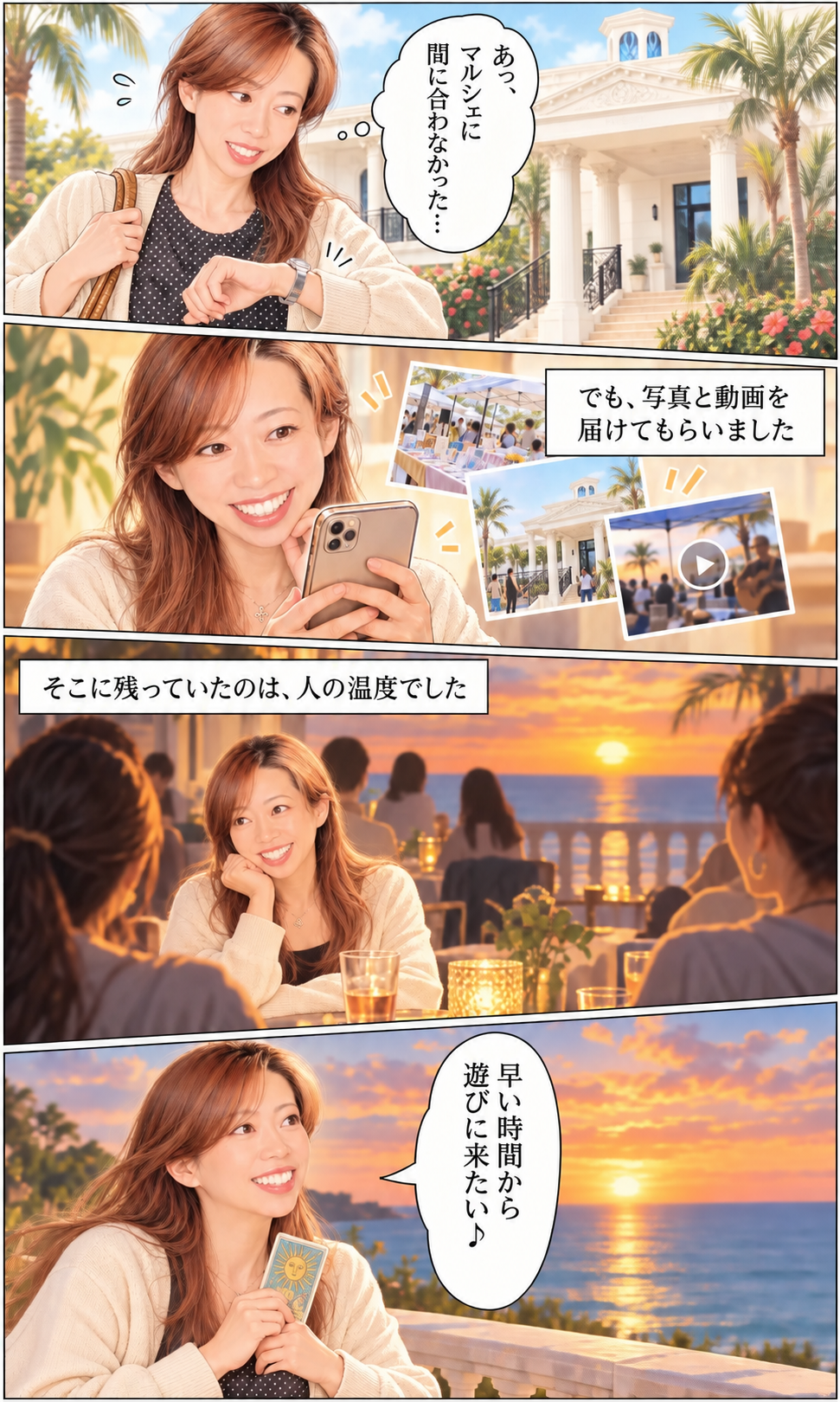 嘉乃けいさんが、マルシェに間に合わなかったあと、届いた写真と動画から人の温度を感じ、次は早い時間から遊びに来たいと思う4コマ