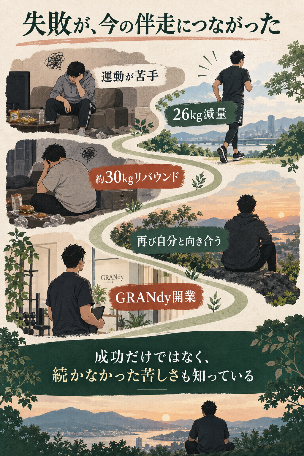 運動が苦手だった頃から26kg減量、約30kgのリバウンド、GRANdy開業までの歩み