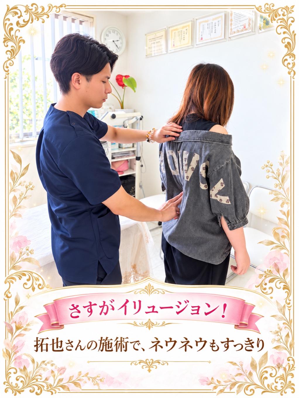 「さすがイリュージョン!」の文字と、笠原拓也さんがネウネウを施術している様子