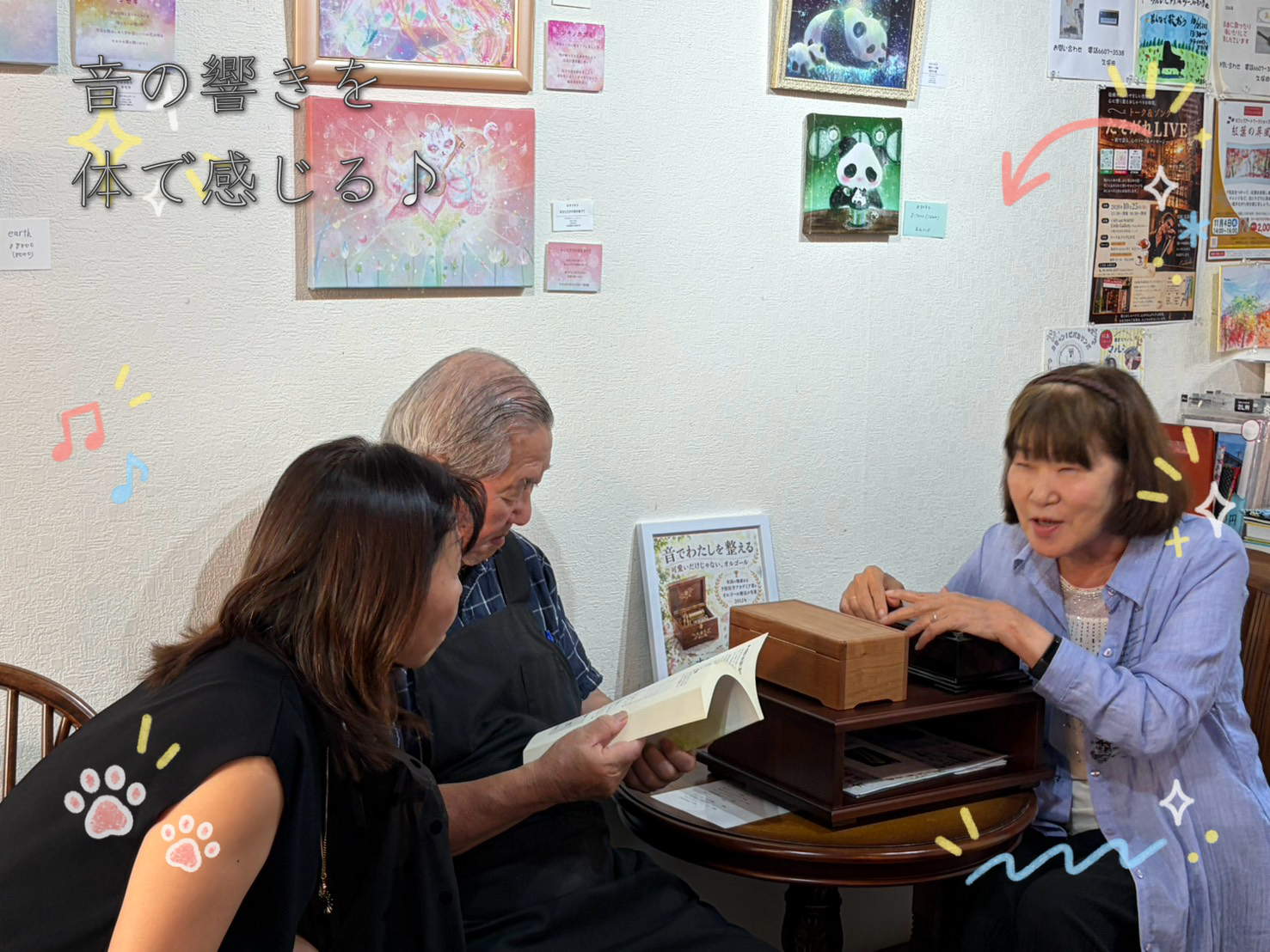 二台のオルゴールと症例集を囲んで説明を聞く様子